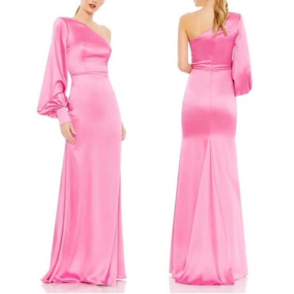 Mac Duggal pink orchid one sleeve satin gown